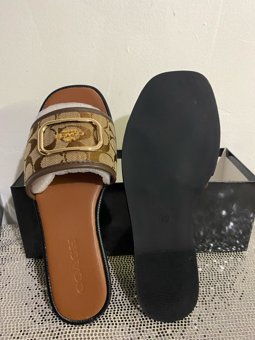 Coach Brown Signature Jacquard Slide Sandals with Gold Buckle - Picture 3 of 5